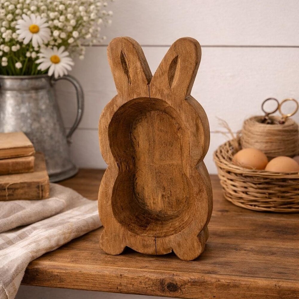 Rustic Bunny Rabbit Wood Dough Bowl Farmhouse Decor Primitive 10" x 5"